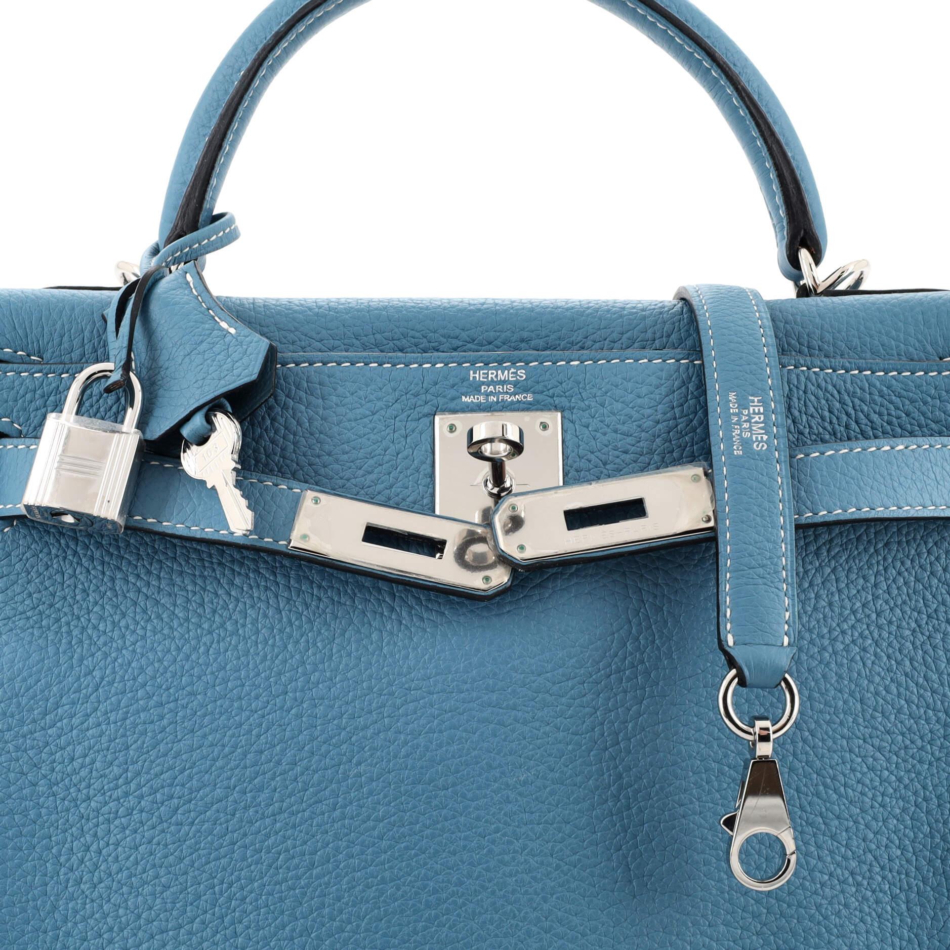 Hermes Kelly Handbag Blue Jean Clemence with Palladium Hardware 28 3