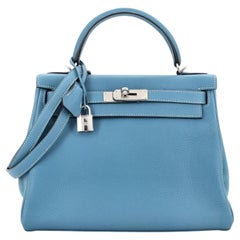 Hermes Kelly Handbag Blue Jean Clemence with Palladium Hardware 28