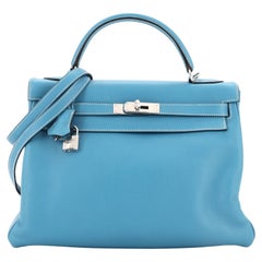 Hermes Kelly Handbag Blue Jean Evergrain with Palladium Hardware 32