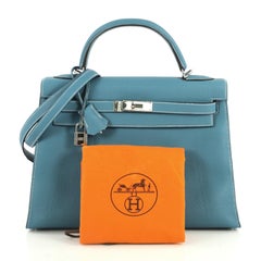 Hermes Kelly Handbag Blue Jean Togo with Palladium Hardware 32