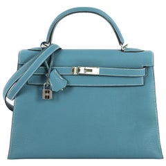 Hermes Kelly Handbag Blue Jean Togo with Palladium Hardware 32