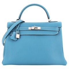 Hermes Kelly Handbag Blue Jean Togo with Palladium Hardware 32