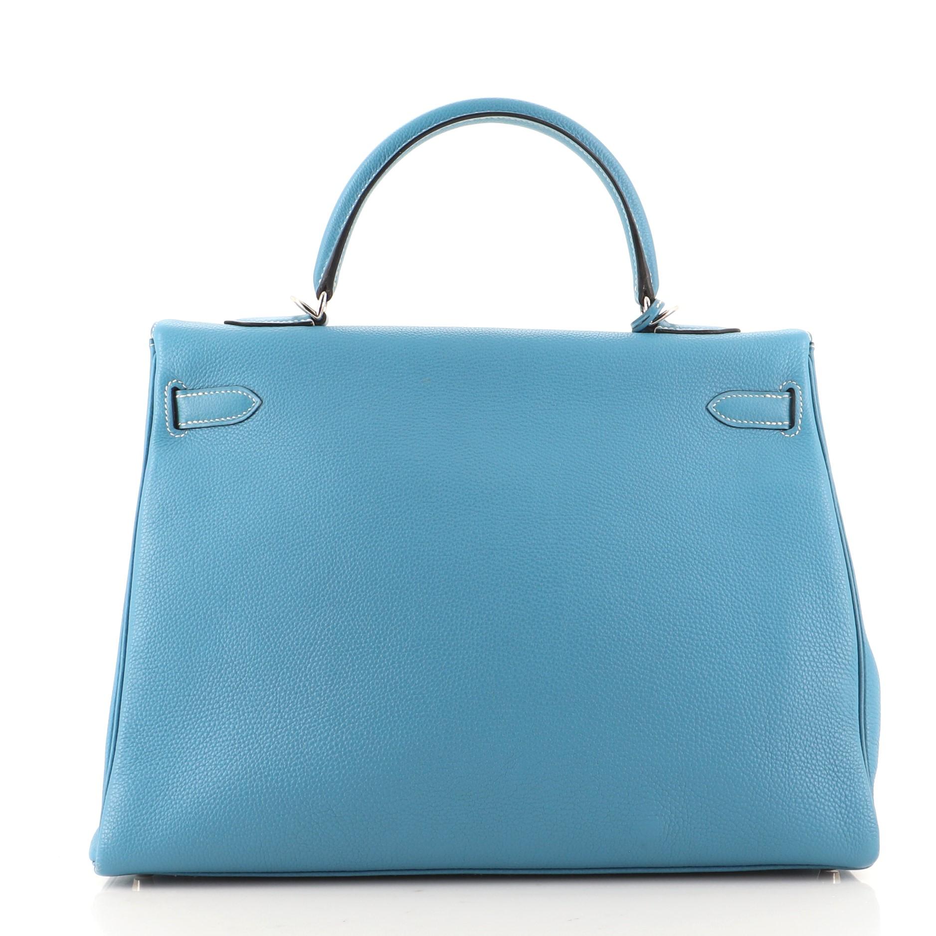 Hermes Kelly Handbag Blue Jean Togo with Palladium Hardware 35 In Good Condition In NY, NY