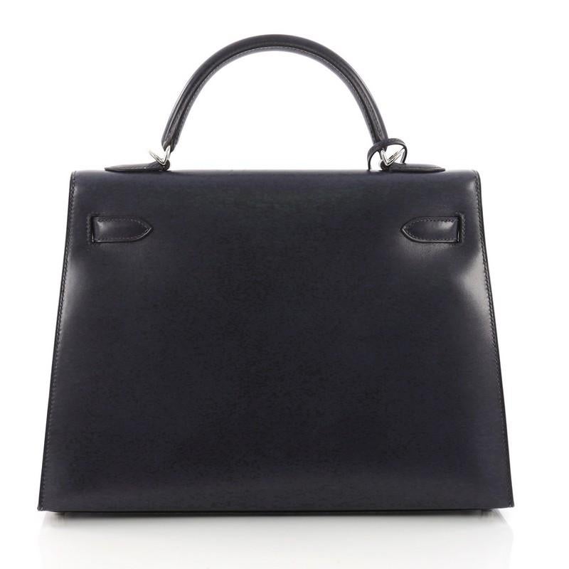 Hermes Kelly Handbag Blue Marine Box Calf with Palladium Hardware 32 In Good Condition In NY, NY