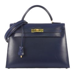 Hermes Kelly Handbag Blue Saphir Box Calf with Gold Hardware 32