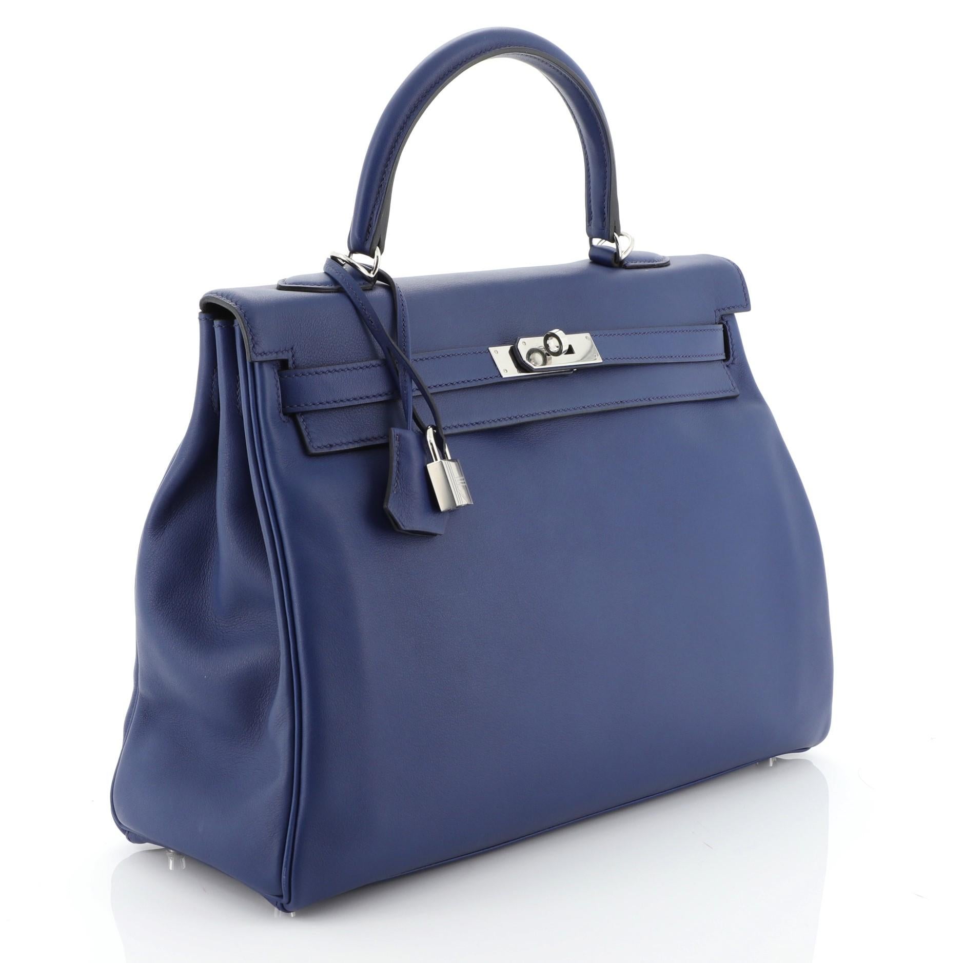 Hermes Kelly Handbag Blue Saphir Swift With Palladium Hardware 35  In Good Condition In NY, NY