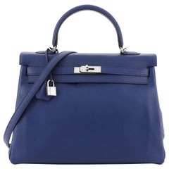 Hermes Kelly Handbag Blue Saphir Swift With Palladium Hardware 35 