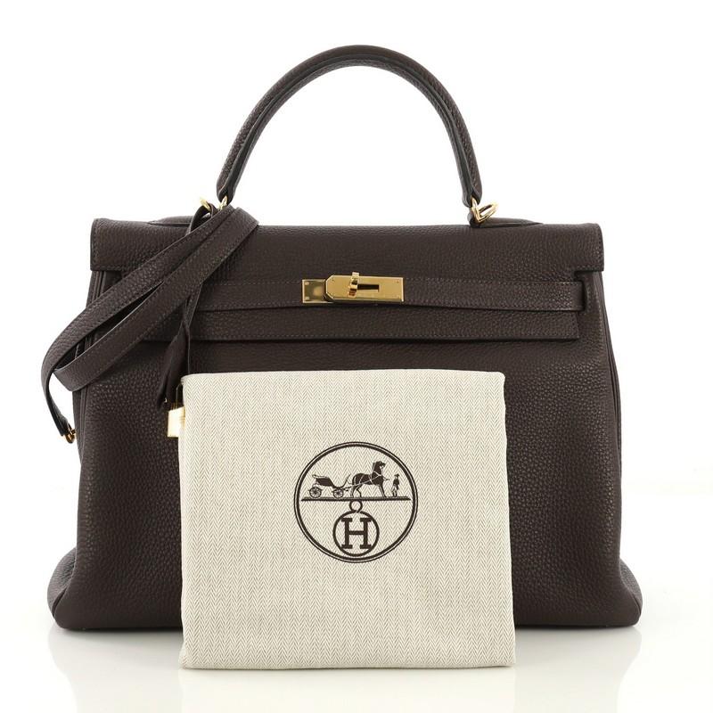 This Hermes Kelly Handbag Cafe Clemence with Gold Hardware 35, crafted from Cafe brown Clemence leather, features a top handle strap and gold hardware. Its turn-lock closure opens to a Cafe brown Chevre leather interior with zip and slip pockets.