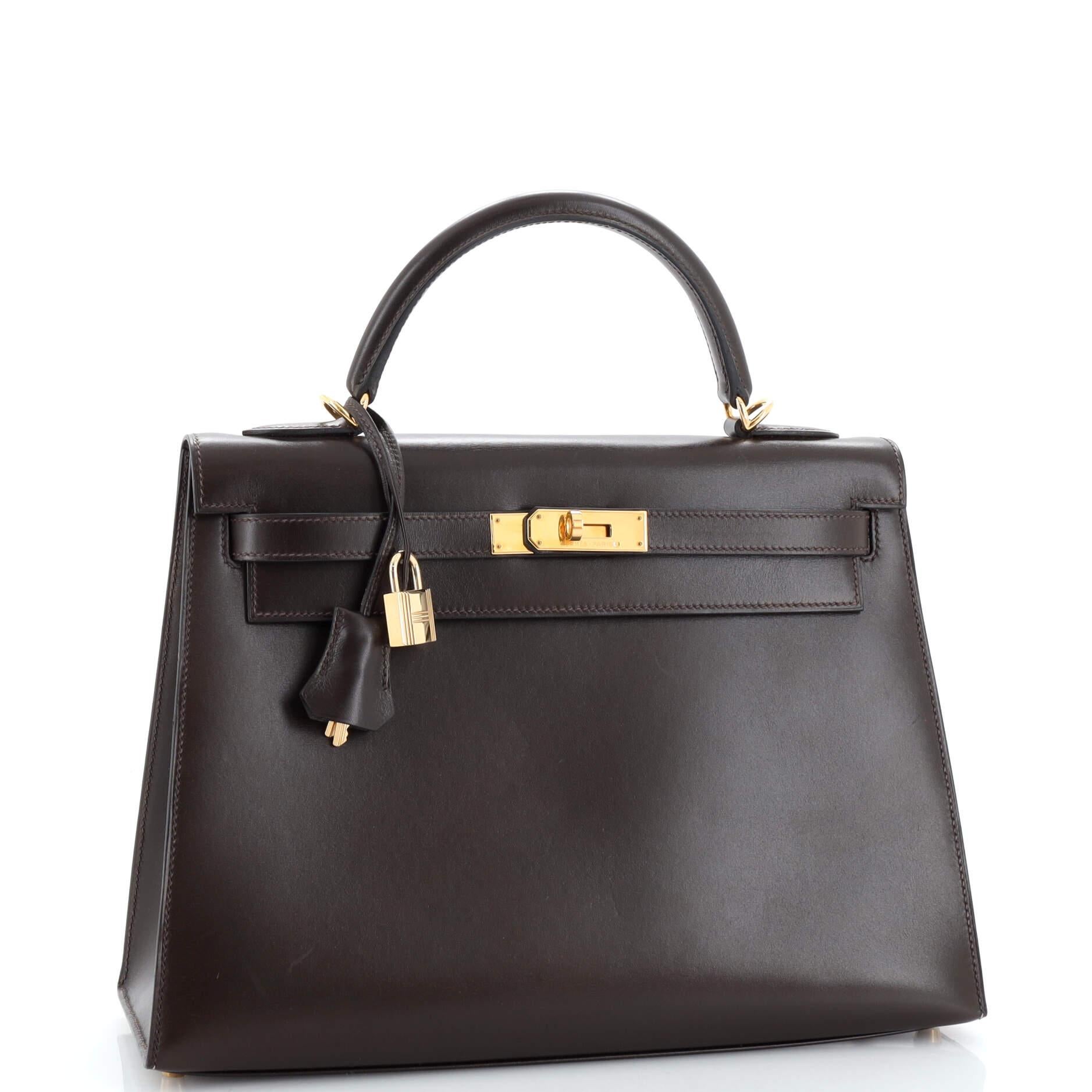 Hermes Kelly Handbag Chocolate Box Calf with Gold Hardware 32 In Good Condition In NY, NY