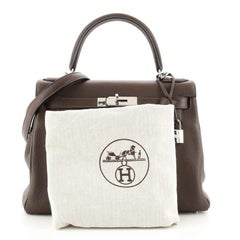Hermes Kelly Handbag Chocolate Clemence with Palladium Hardware 28
