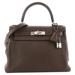 Hermes Kelly Handbag Chocolate Clemence with Palladium Hardware 28