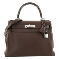 Hermes Kelly Handbag Chocolate Clemence with Palladium Hardware 28