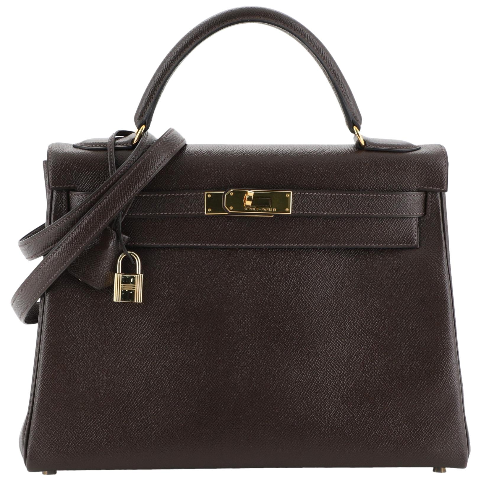 Hermes Kelly Handbag Chocolate Courchevel with Gold Hardware 32