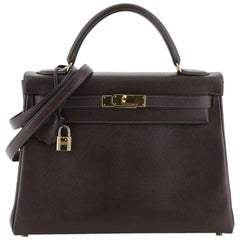 Hermes Kelly Handbag Chocolate Courchevel with Gold Hardware 32