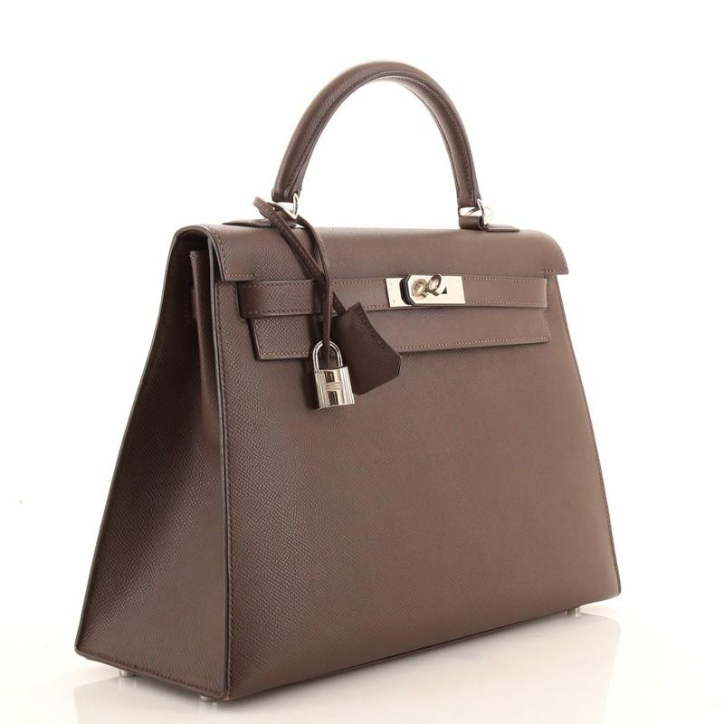 Black Hermes Kelly Handbag Chocolate Epsom with Palladium Hardware 32