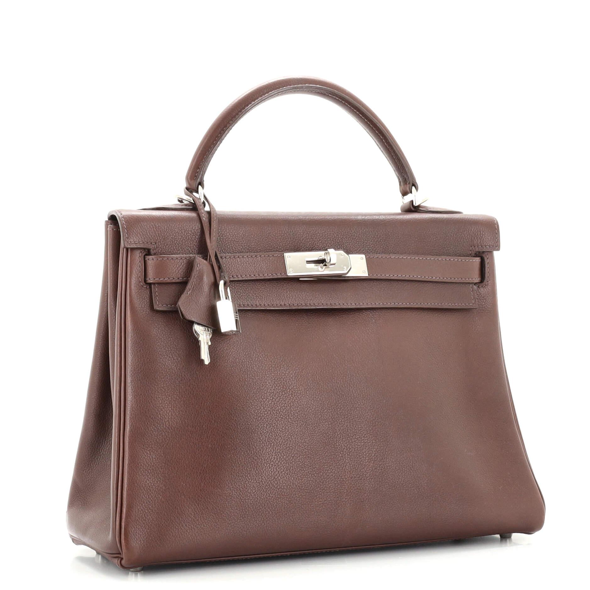 Brown Hermes Kelly Handbag Chocolate Evergrain with Palladium Hardware 32