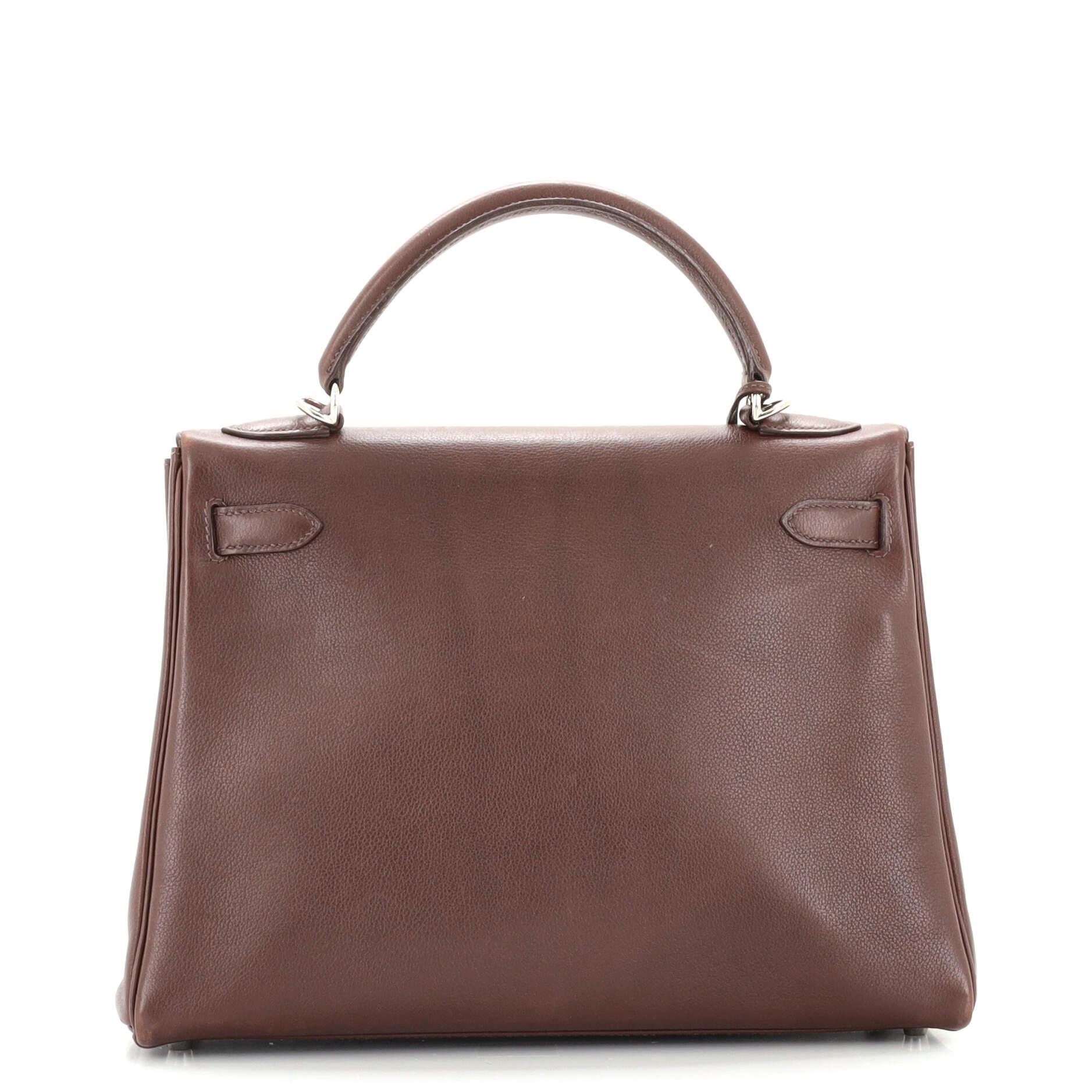 Hermes Kelly Handbag Chocolate Evergrain with Palladium Hardware 32 In Good Condition In NY, NY