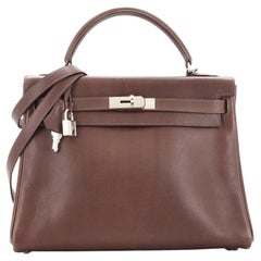 Hermes Kelly Handbag Chocolate Evergrain with Palladium Hardware 32