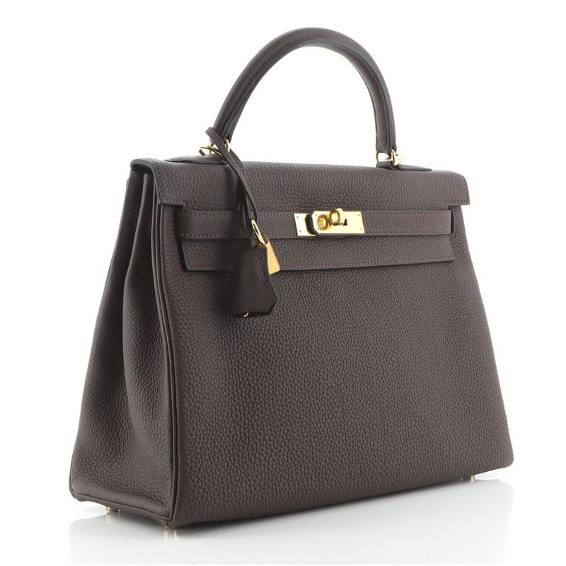 Black Hermes Kelly Handbag Chocolate Togo with Gold Hardware 32