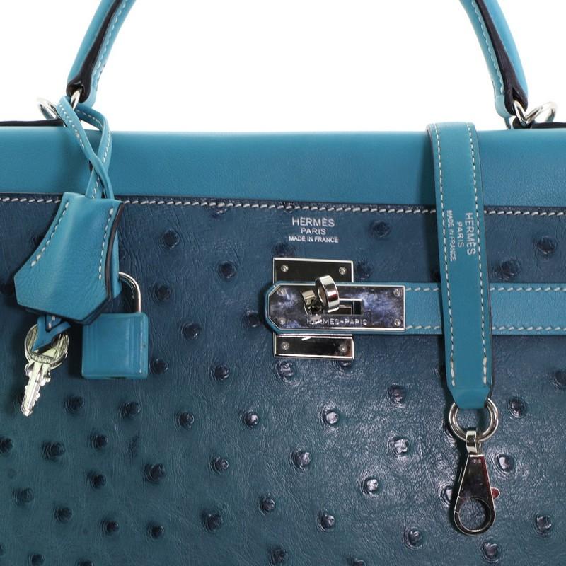 Blue Hermes Kelly Handbag Cobalt Ostrich and Swift with Clemence and Palladium