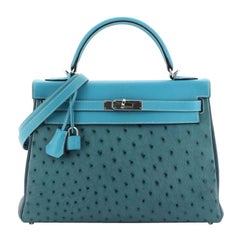 Hermes Kelly Handbag Cobalt Ostrich and Swift with Clemence and Palladium