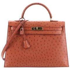 Hermes Kelly Handbag Cognac Ostrich with Gold Hardware 35