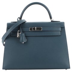 Hermes Kelly Handbag Deep Blue Epsom with Palladium Hardware 32