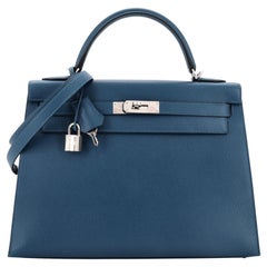  Hermes Kelly Handbag Deep Blue Epsom with Palladium Hardware 32