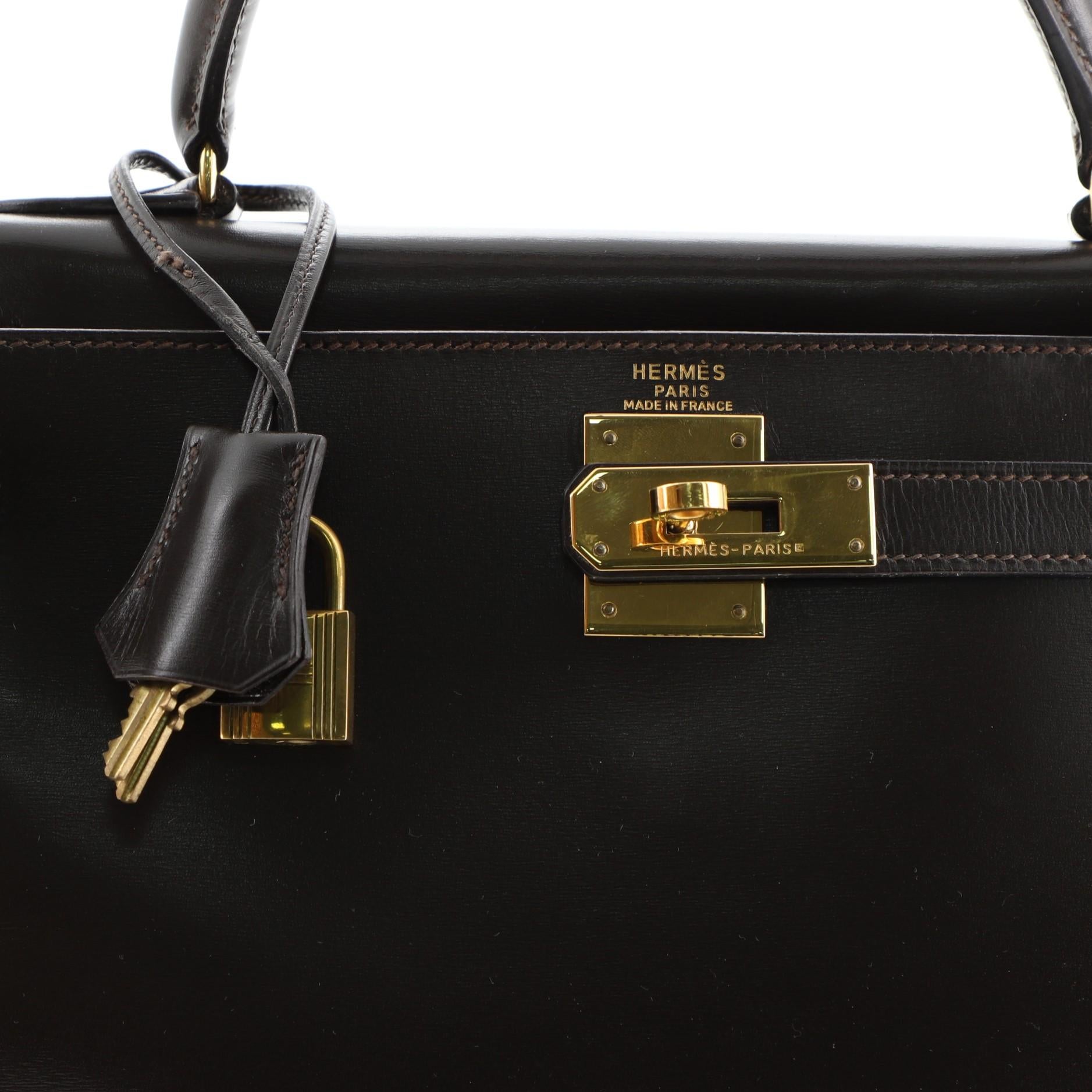 Women's or Men's Hermes Kelly Handbag Ebene Box Calf with Gold Hardware 28