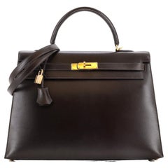 Hermes Kelly Handbag Ebene Box Calf with Gold Hardware 35