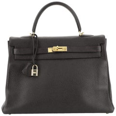 Hermes Kelly Handbag Ebene Clemence with Gold Hardware 35