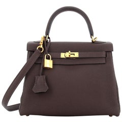 Hermes Kelly Handbag Ebene Togo with Gold Hardware 25