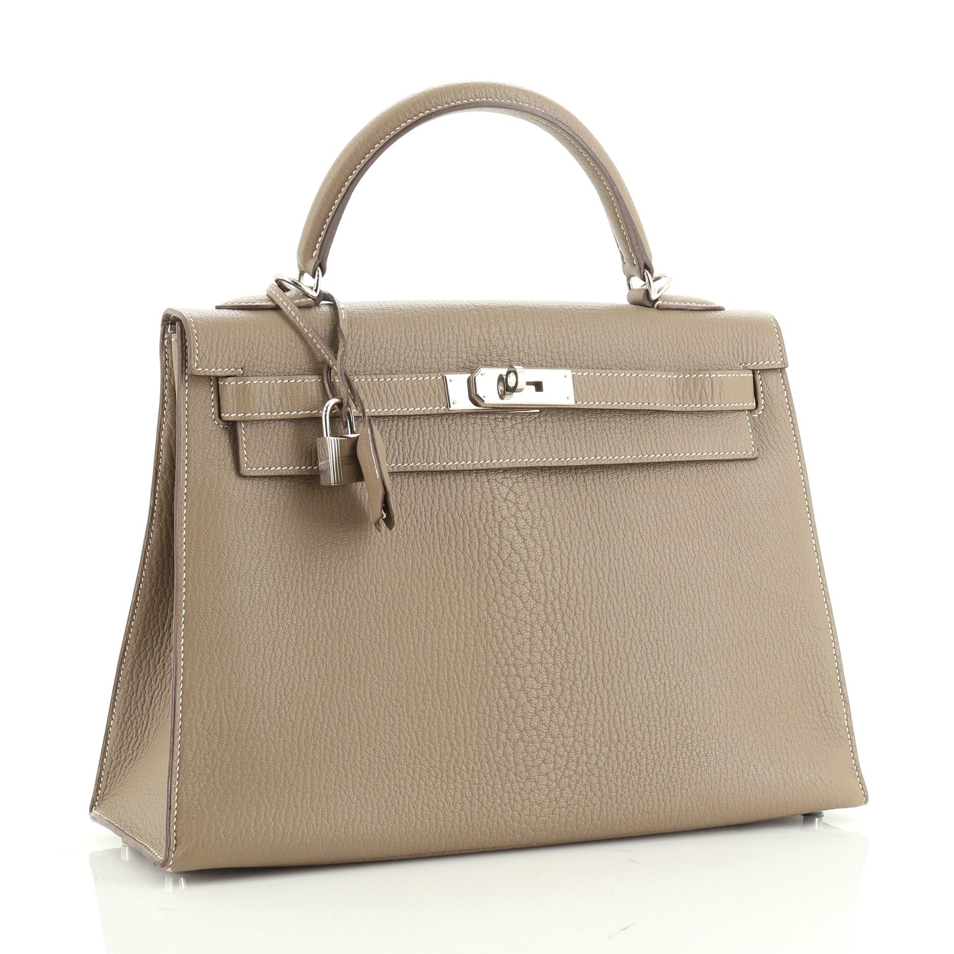 Brown Hermes Kelly Handbag Etoupe Chevre De Coromandel With Palladium Hardware 32