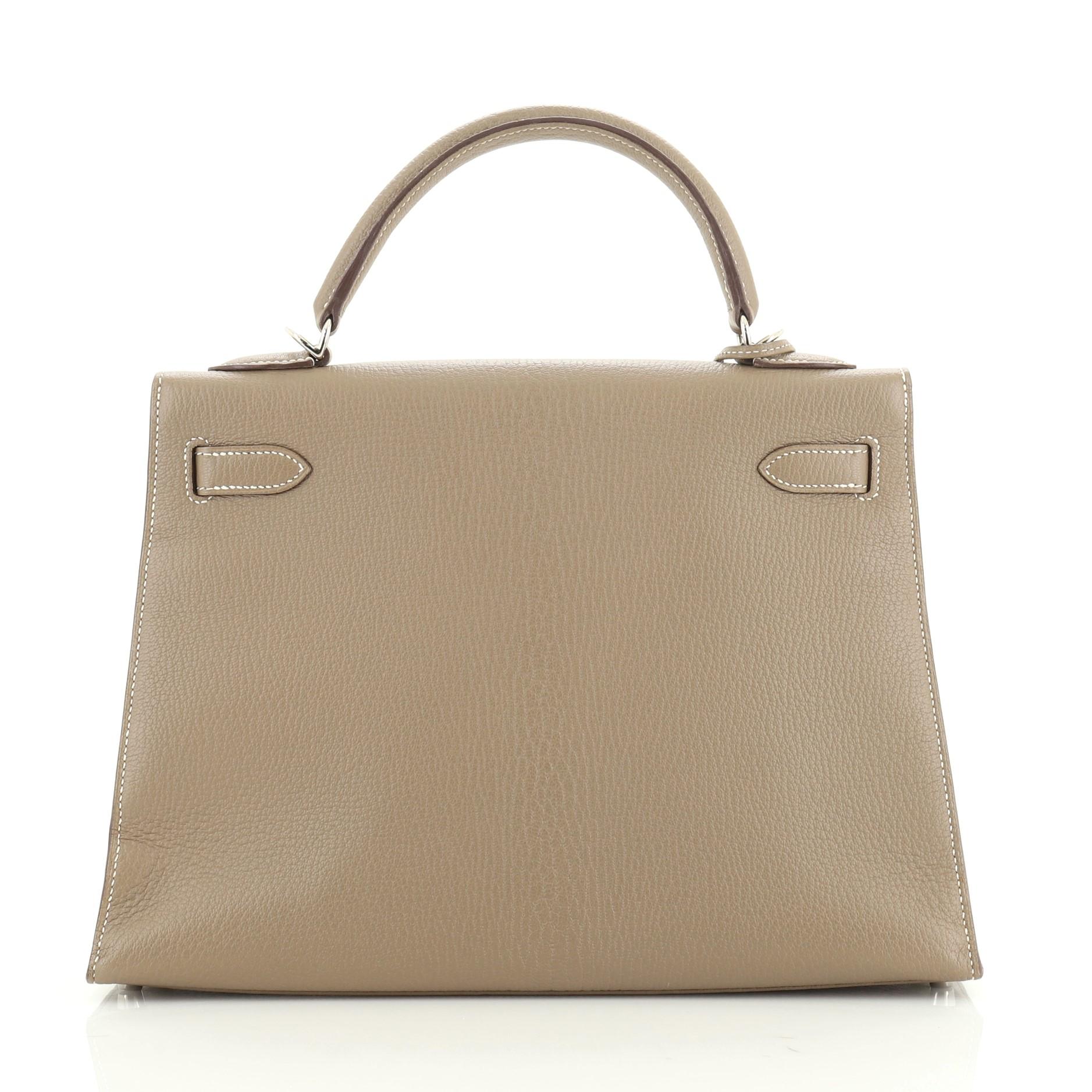 Hermes Kelly Handbag Etoupe Chevre De Coromandel With Palladium Hardware 32 In Good Condition In NY, NY