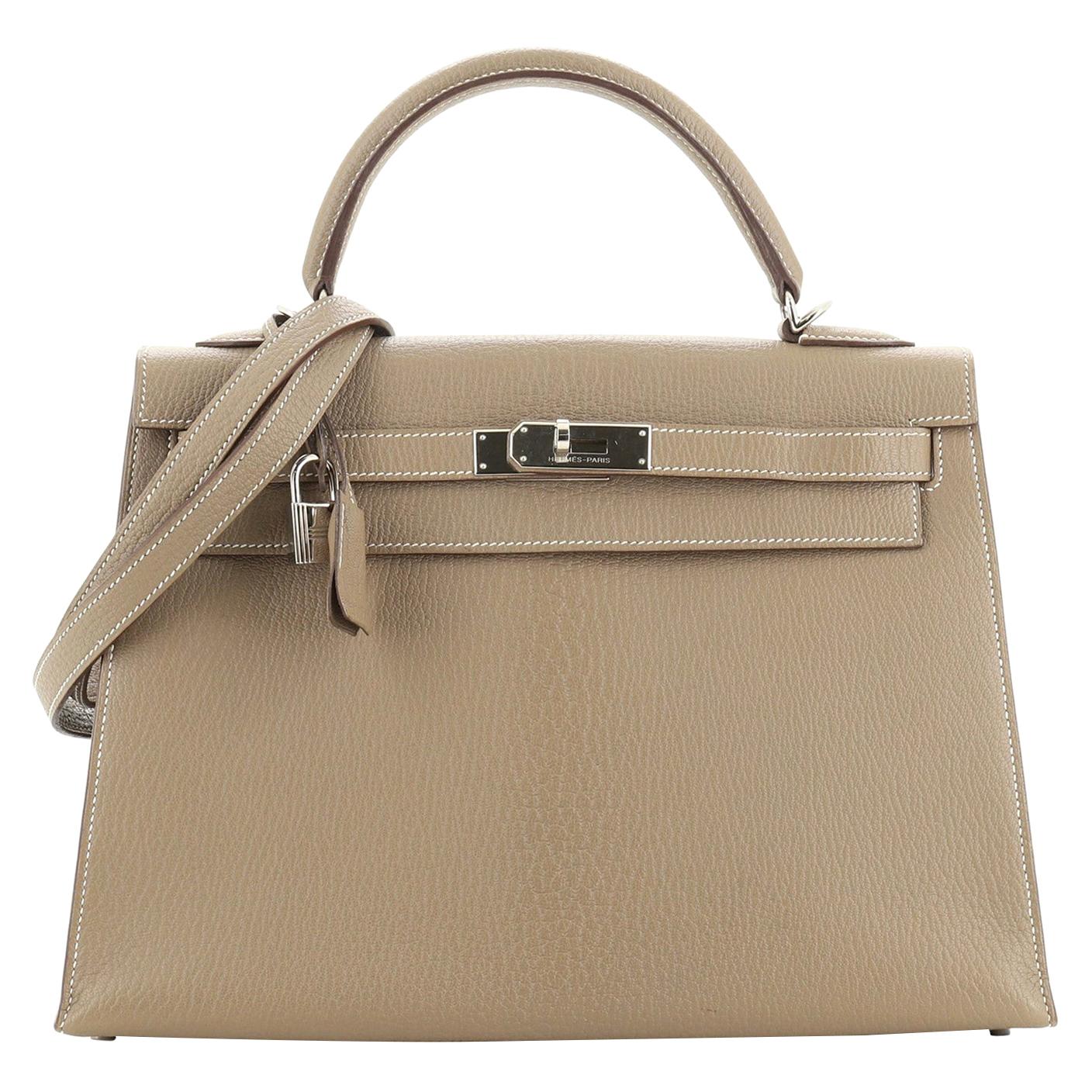 Hermes Kelly Handbag Etoupe Chevre De Coromandel With Palladium Hardware 32