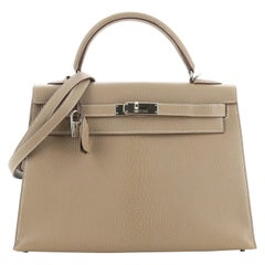 Hermes Kelly Handbag Etoupe Chevre De Coromandel With Palladium Hardware 32