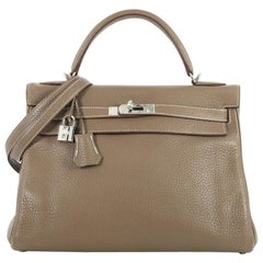 Hermes Kelly Handbag Etoupe Clemence with Palladium Hardware 32