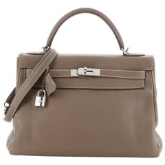 Hermes Kelly Handbag Etoupe Clemence with Palladium Hardware 32