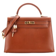 Hermes Kelly Handbag Fauve Box Calf with Gold Hardware 32