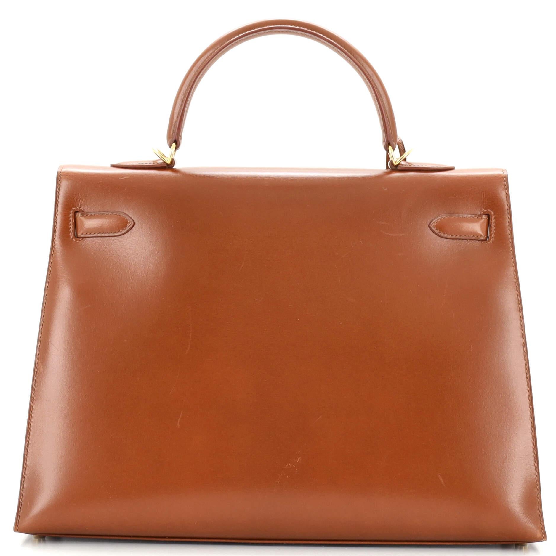 Brown Hermes Kelly Handbag Fauve Box Calf with Gold Hardware 35