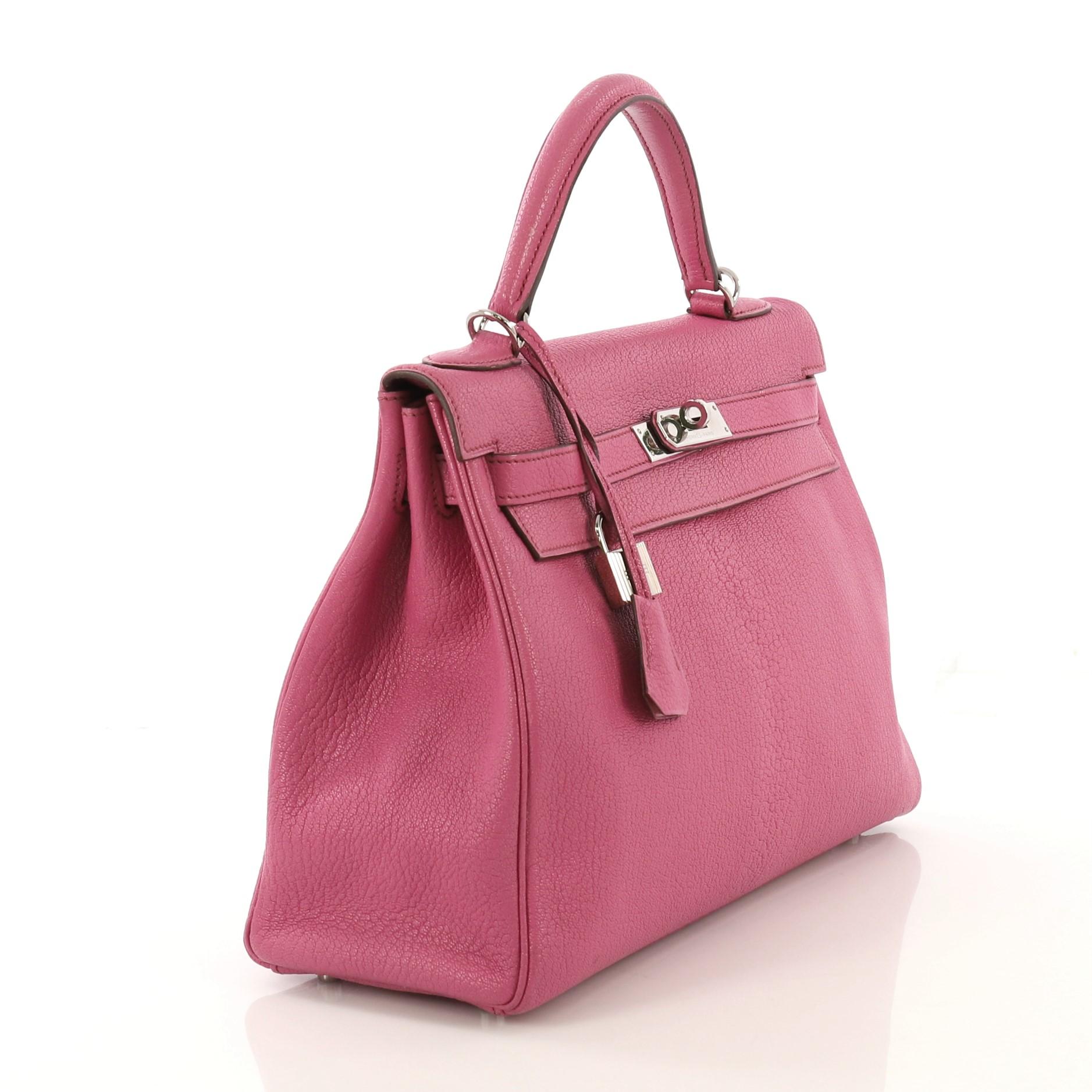 Pink Hermes Kelly Handbag Fuchsia Chevre de Coromandel with Palladium Hardware 32