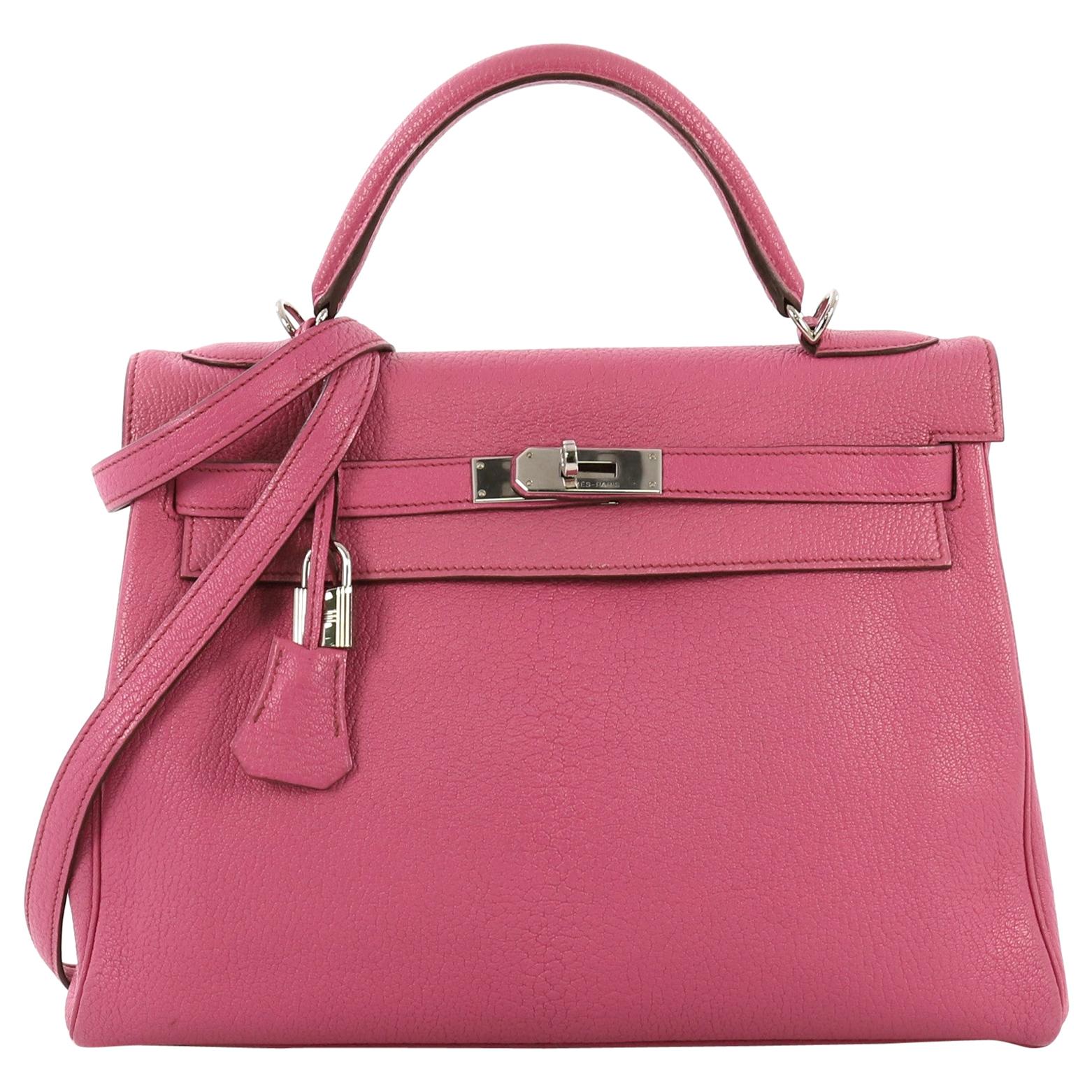 Hermes Kelly Handbag Fuchsia Chevre de Coromandel with Palladium Hardware 32