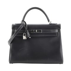 Hermes Kelly Handbag Graphite Box Calf With Palladium Hardware 32 