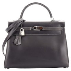 Hermes Kelly Handbag Grey Box Calf with Palladium Hardware 32