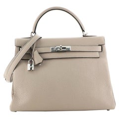 Hermes Kelly Handbag Grey Clemence with Palladium Hardware 32