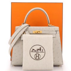 Hermes Kelly Handbag Grey Ostrich with Gold Hardware 25