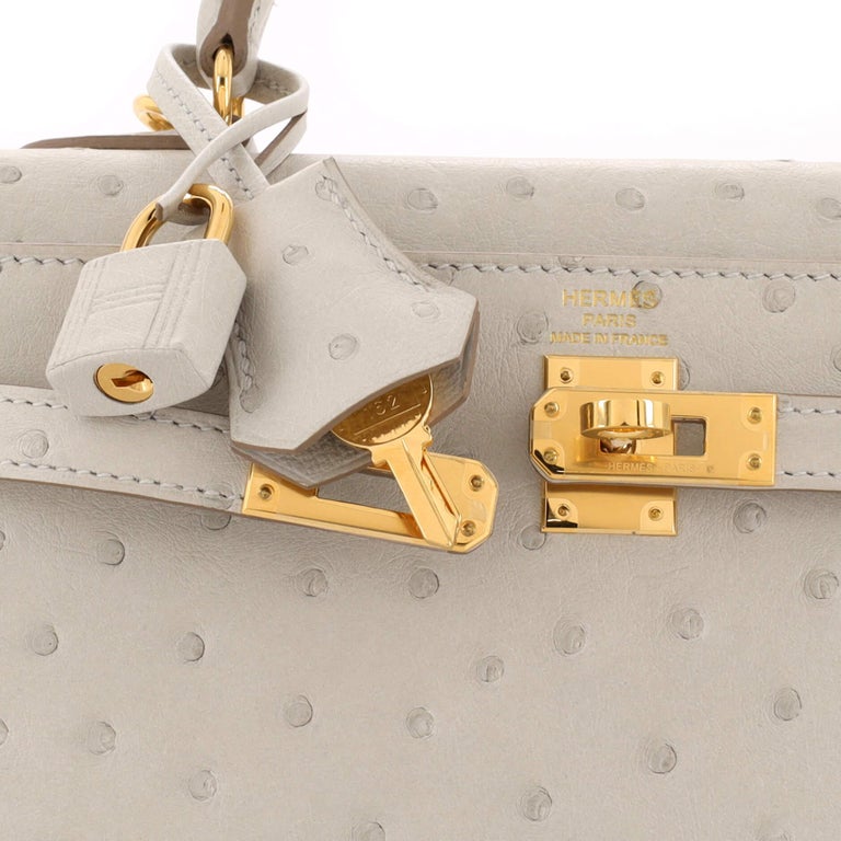 Hermes Kelly Handbag Grey Ostrich with Gold Hardware 25 at 1stDibs