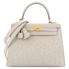 Hermes Kelly Handbag Grey Ostrich with Gold Hardware 25