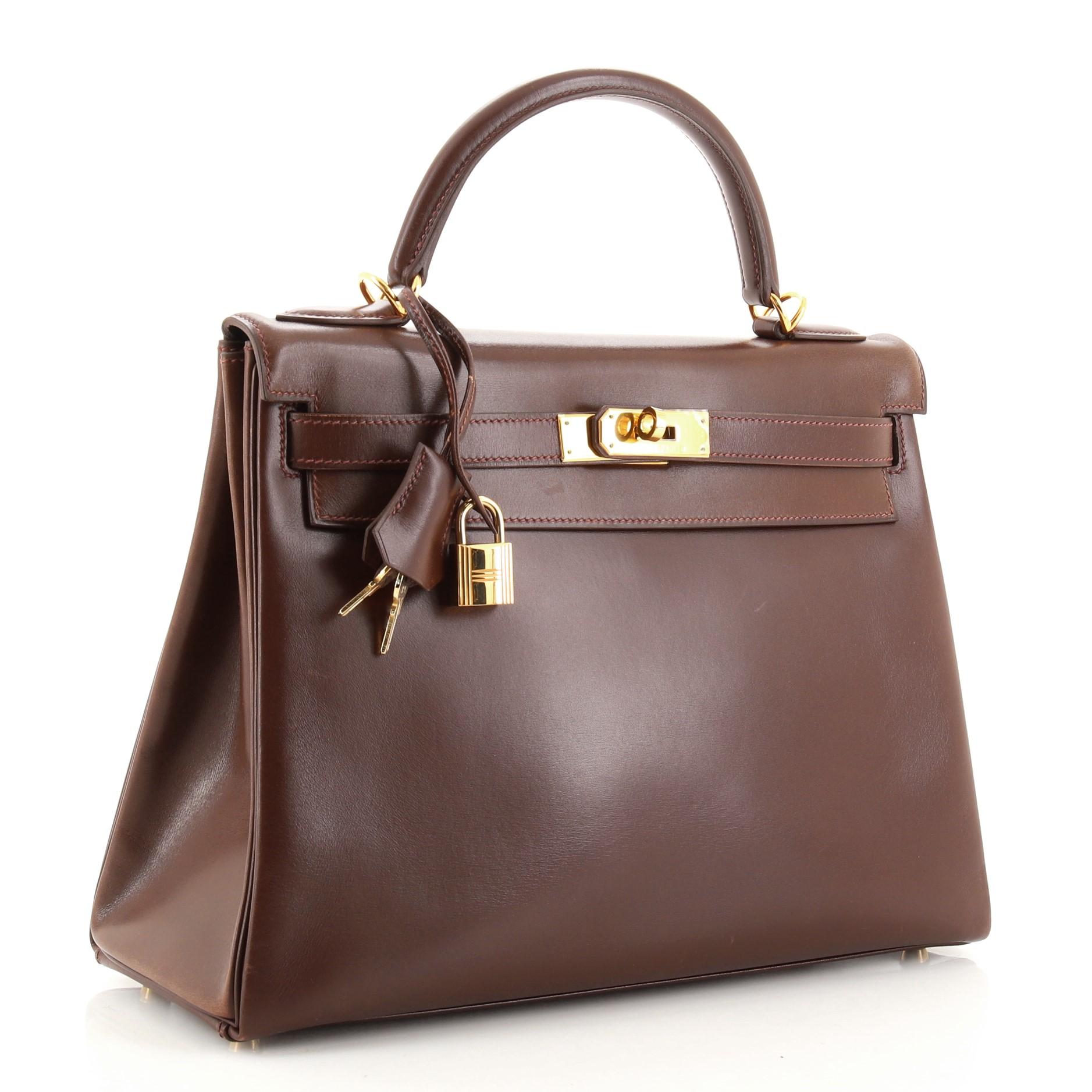 Black Hermes Kelly Handbag Havane Box Calf with Gold Hardware 32