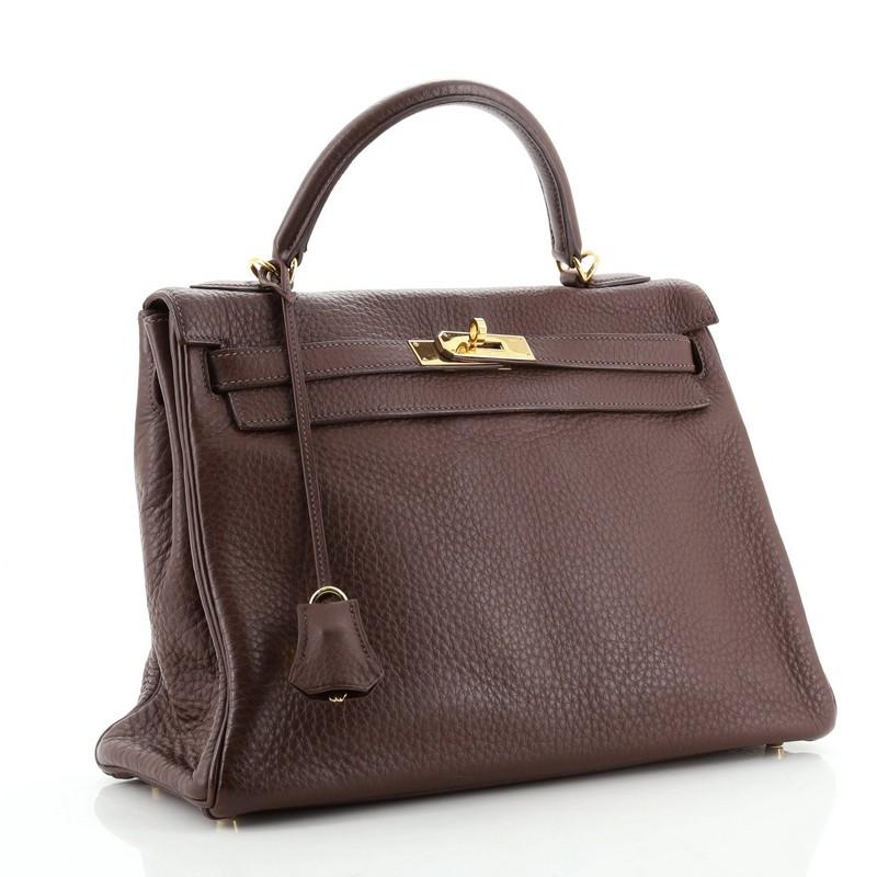 Black Hermes Kelly Handbag Havane Clemence with Gold Hardware 32